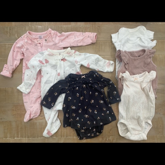 7 PIECE SET baby girl Newborn Carters H&M ruffle pink onesie bodysuit - Picture 1 of 16